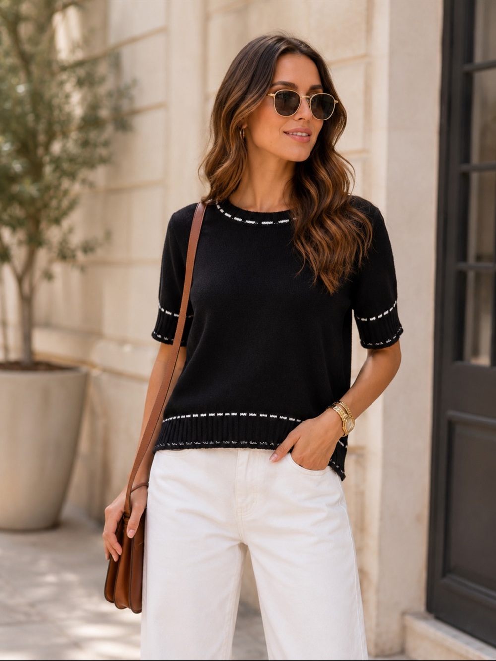 ShopEvelynne Black Short-Sleeve Knit Sweater with White Stitching